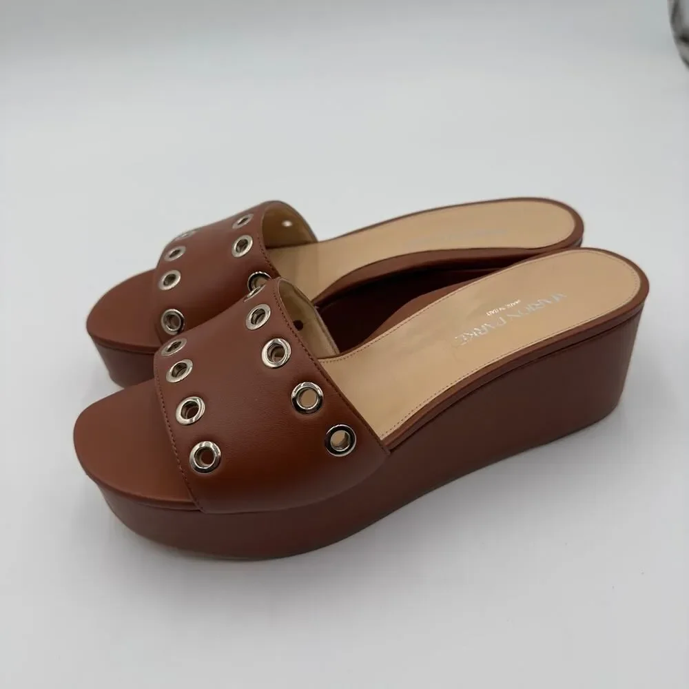 Marion Parke Cora Brown Leather Platform Slide Sandal Grommet Details Sz 41 NWOT